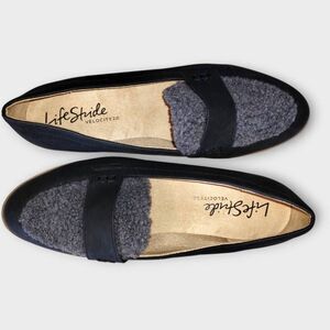 LifeStride Velocity 2 Sz 9.5 Cozy Slip-on Loafers Black Grey Faux Fur Comfort‎